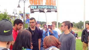 Political Science student, Rajat Manan, argues with a preacher. Sept 28. Photo by Gerald Biggerstaff.