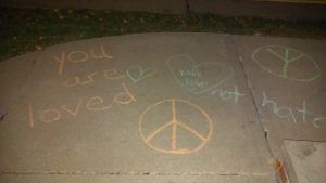 Sidewalk writings outside the Kent Unitarian Universalist church on Nov. 13 2016. Photo by MJ Eckhouse
