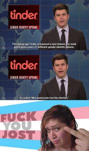 Meme by EJ Kaiser, responding to Jost's transphobic joke. Used with permission.
