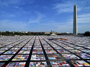 The AIDS quilt displayed at the Washington Monument.